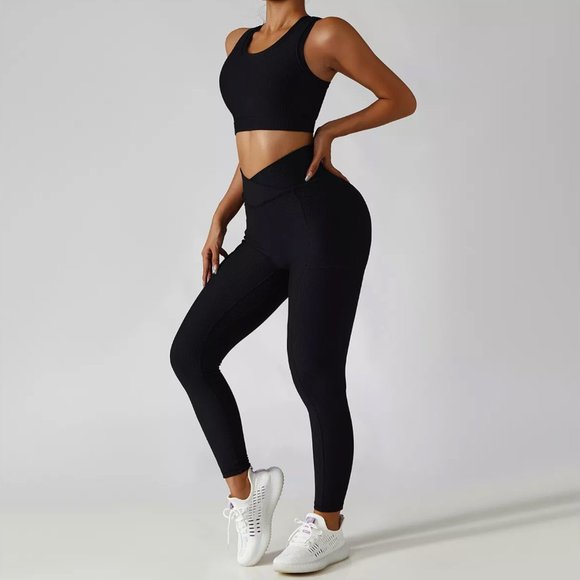 White Ribbed V line Pocket leggings high rise - Picture 2 of 16